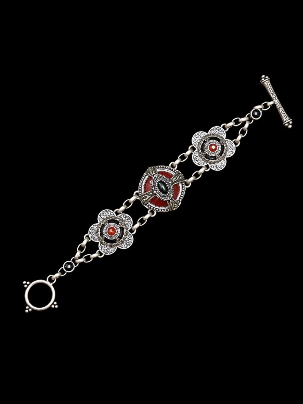 Silver-Tone Floral Red Accent Bracelet - Women's Jewelry
